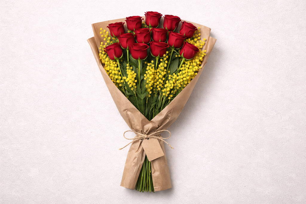 12 Rose rosse gambo lungo con Mimosa