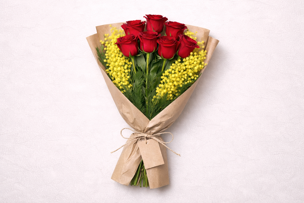 12 Rose rosse gambo lungo con Mimosa