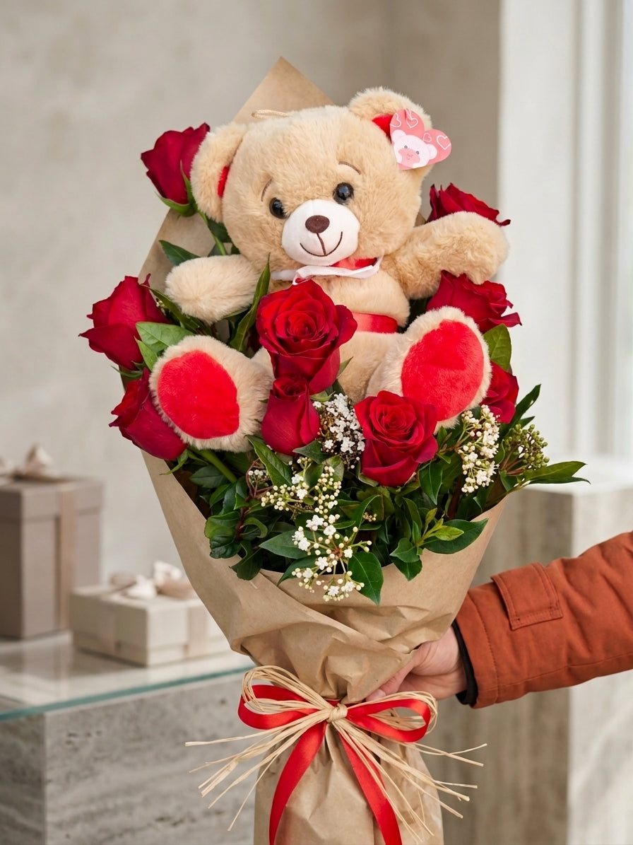 Bouquet con Rose Rosse e Orsetto