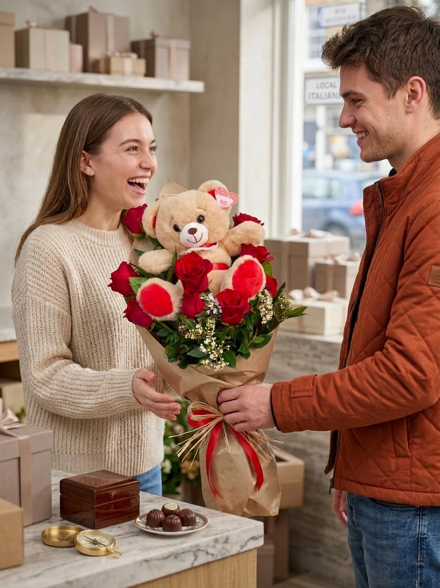 Bouquet con Rose Rosse e Orsetto