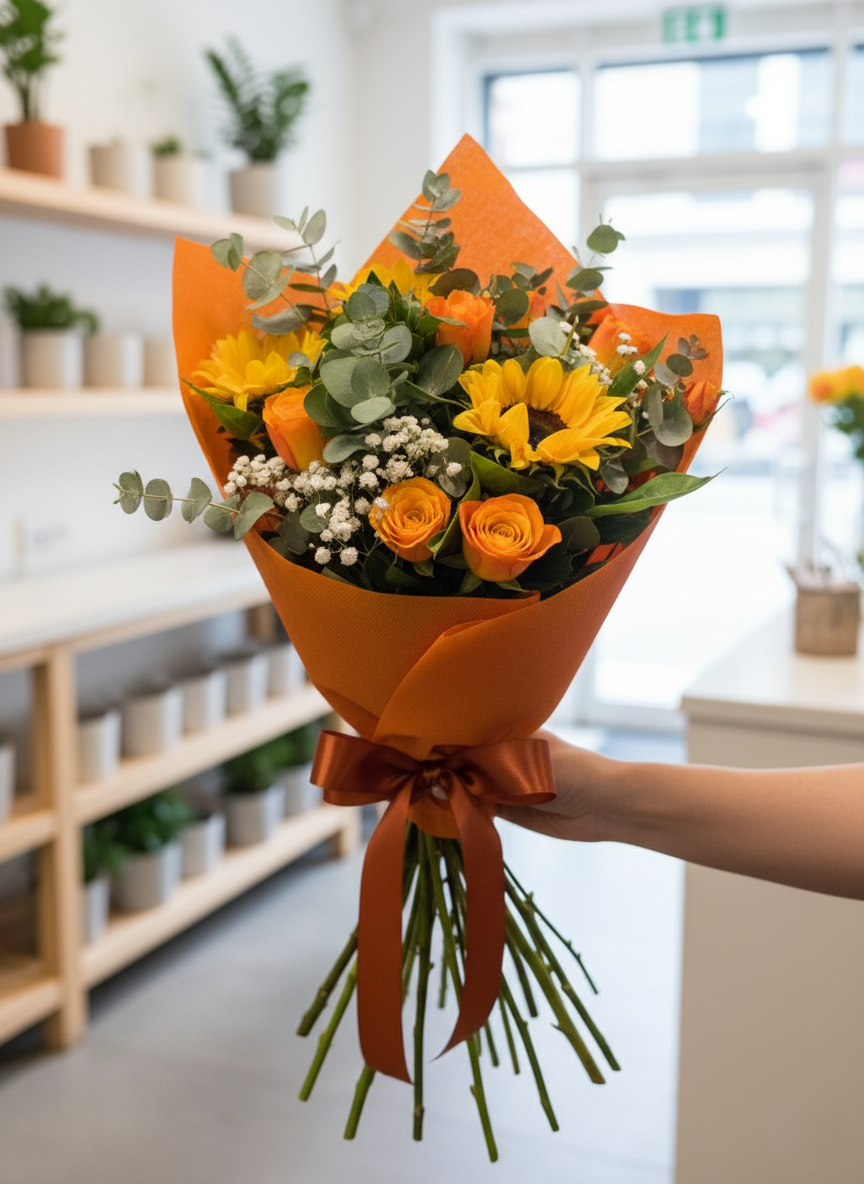 Bouquet Girasoli e Rose Arancio