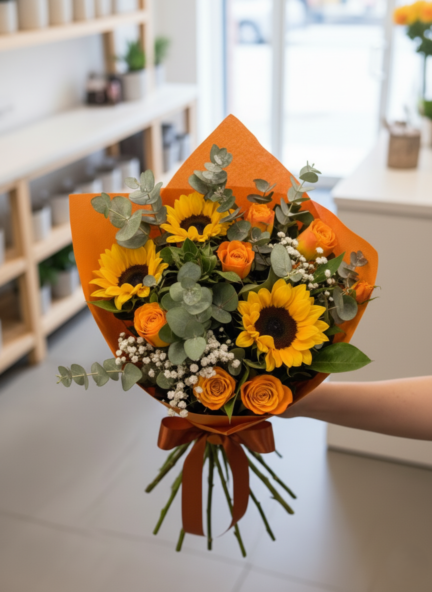 Bouquet Girasoli e Rose Arancio