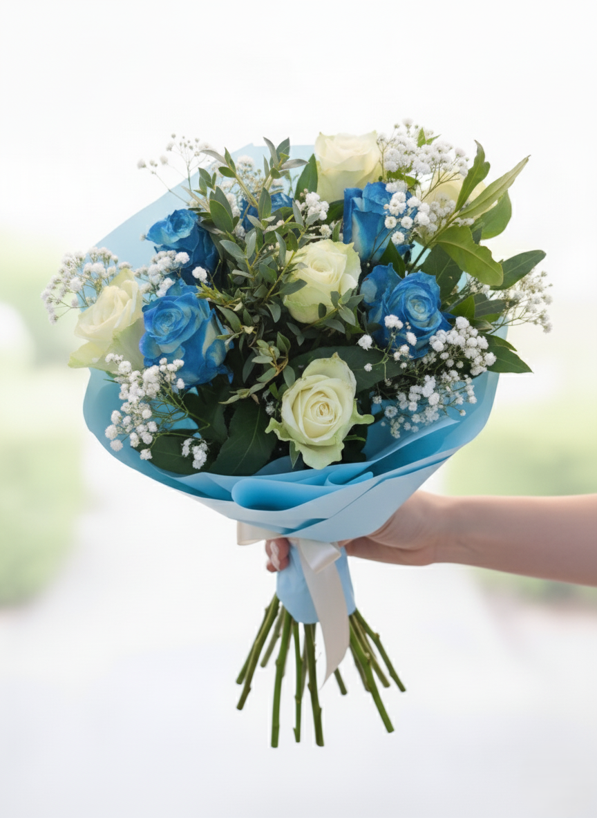 Bouquet di Rose Azzurre e Bianche