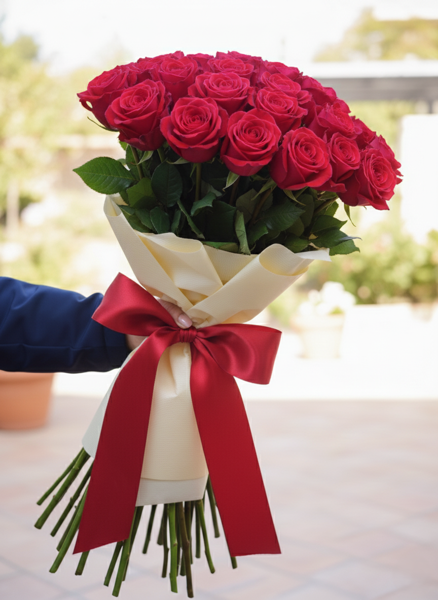 Bouquet  di 24 rose rosse gambo lungo