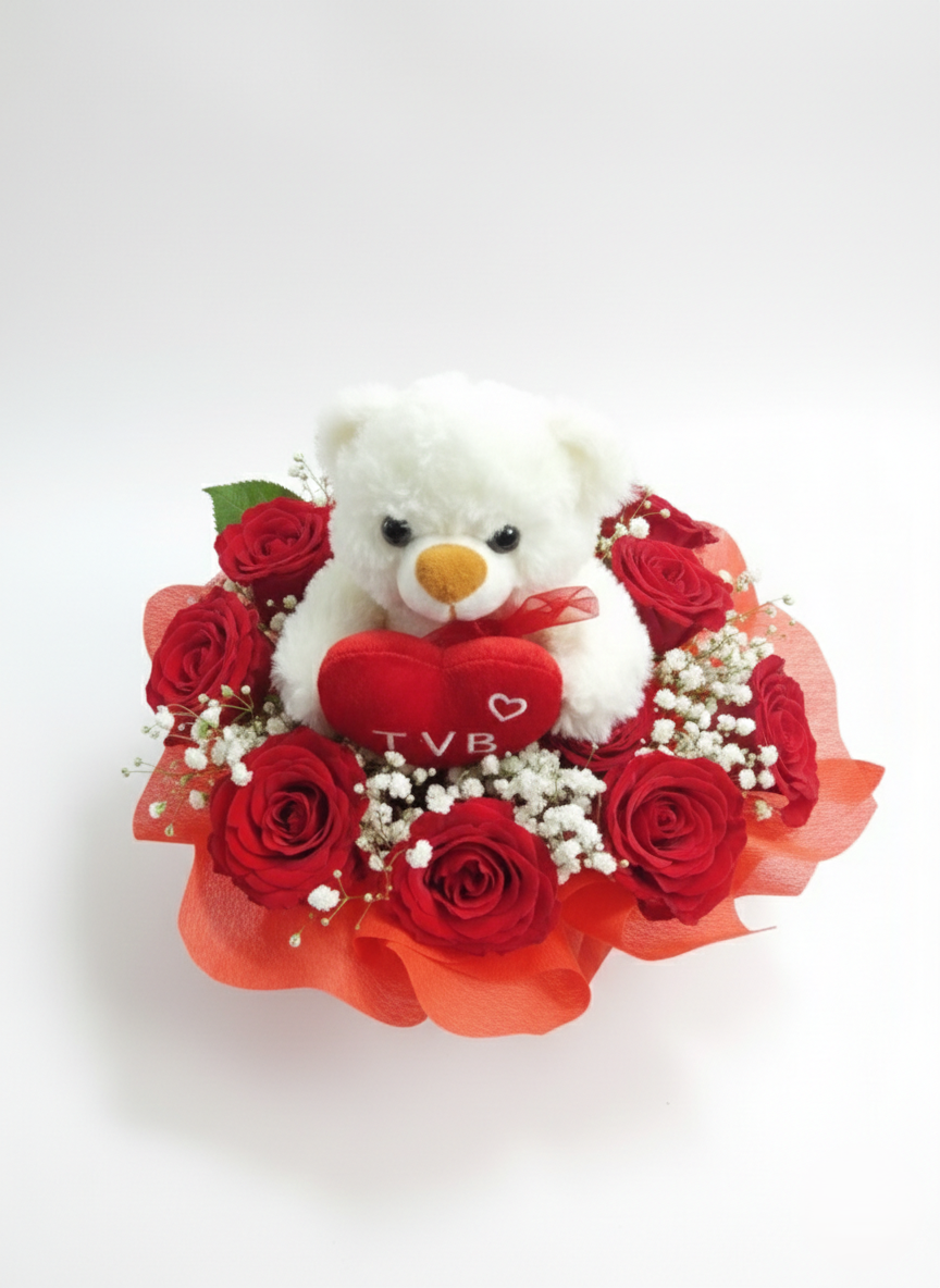 Composizione rose rosse e orsetto