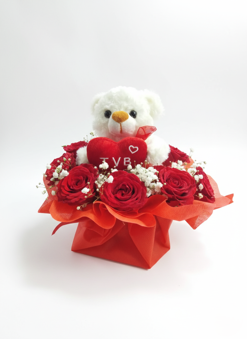 Composizione rose rosse e orsetto