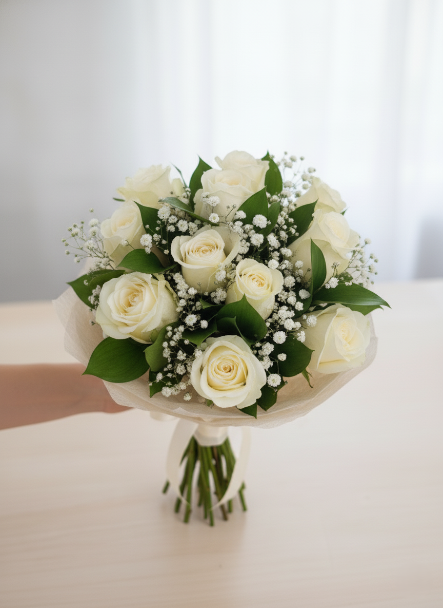 Pura Eleganza: Bouquet di Rose Bianche e Gypsophila