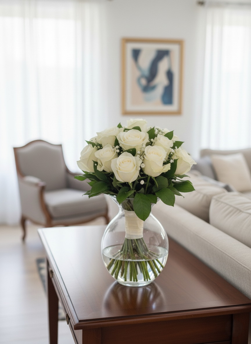 Pura Eleganza: Bouquet di Rose Bianche e Gypsophila